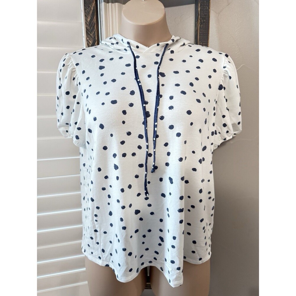 Fred David 1X White Soft Hooded Short Sleeve Pullover Top Navy Polka Dots
